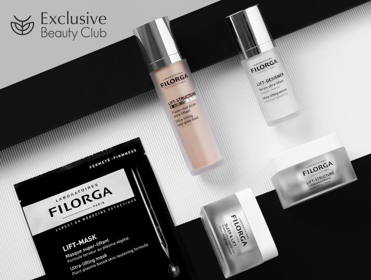 Filorga skincare products including bottles and a mask on a black and white background.