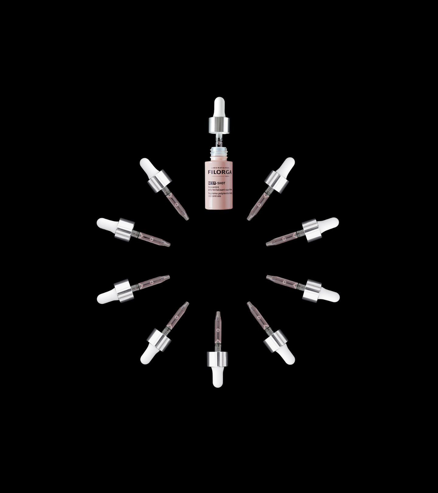 Filorga's NCEF-Shot anti-aging treatment glass pipettes arranged like a clock